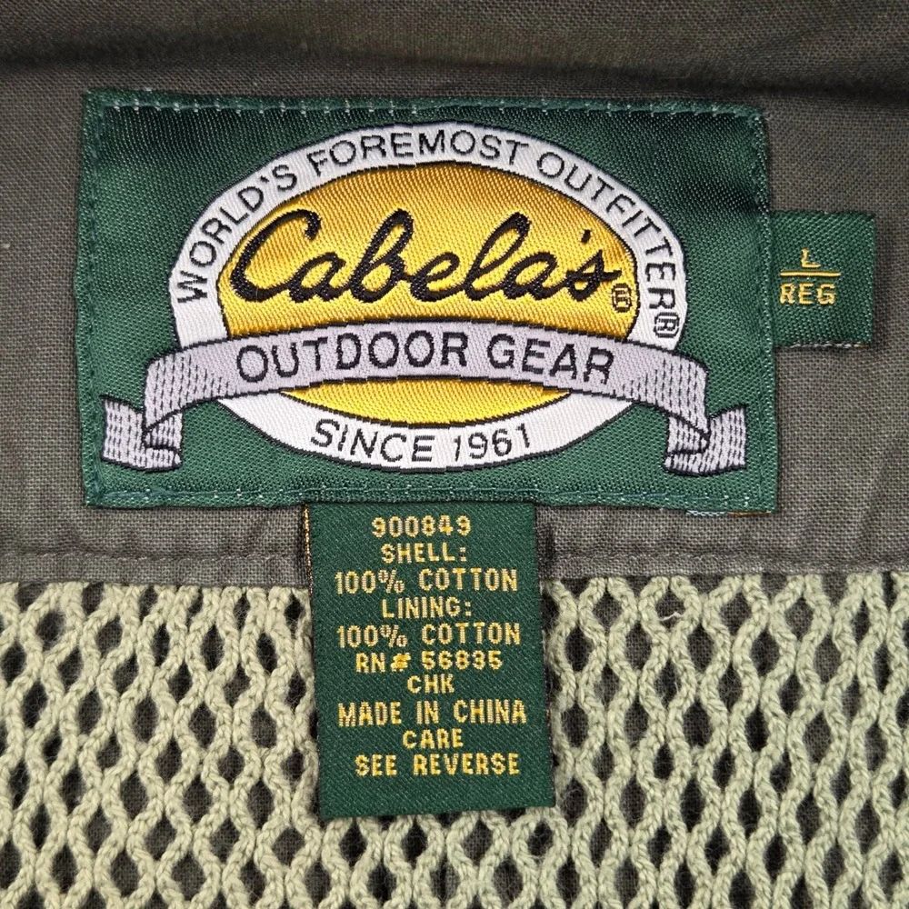 Vintage Cabelas Safari Vest Green Mens Large Khaki Utility Gorpcore Multi-Pocket